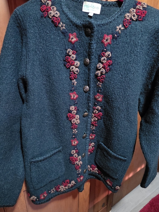 Simons Sweaters - Simons Teal Embroidered Wool Cardigan with Pink and Cream Accents
